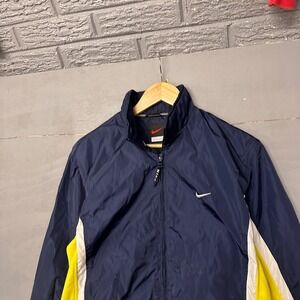 Nike Windbreaker Jacket Navy Blue Yellow White Logo Zip Up Women's L